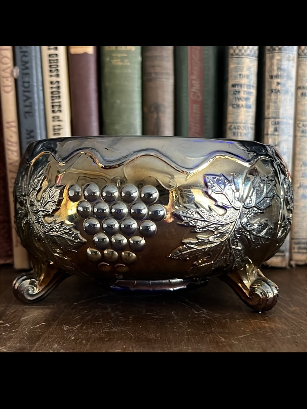 Imperial Glass Cobalt Blue Carnival Glass Grape & Cable Centerpiece Bowl Footed